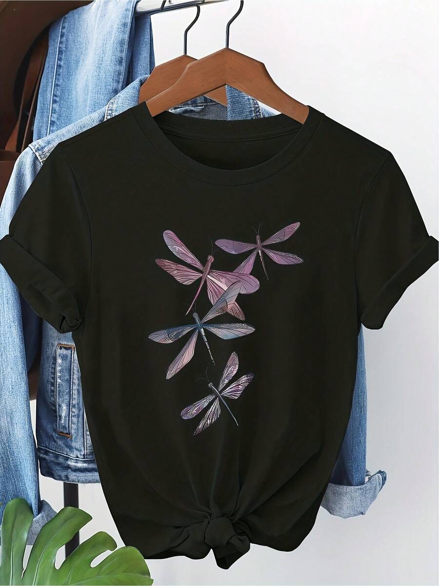 Women's Casual Short Sleeve T-Shirt - Dark Navy Blue Dragonfly Print, Regular Fit Round Neck Top for Spring Summer Fall, Machine Washable, Casual Attire, Natureinspired Design, Soft Fabric Tee - Negro - Ver 1