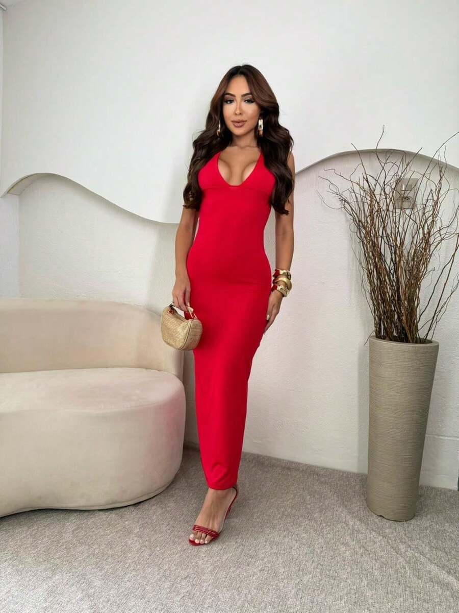 Women's Long Dress With Tie And Neckline. - 查看 1