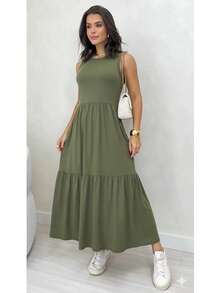 VESTIDO LONGO MALHA VISCOLYCRA 100 % ALGODÃO REGATA GOLA REDONDA TRES MARIAS BABADO MODA BLOGUEIRA 02 - Verde Militar - Visão 2