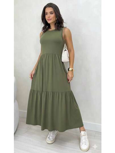 VESTIDO LONGO MALHA VISCOLYCRA 100 % ALGODÃO REGATA GOLA REDONDA TRES MARIAS BABADO MODA BLOGUEIRA 02