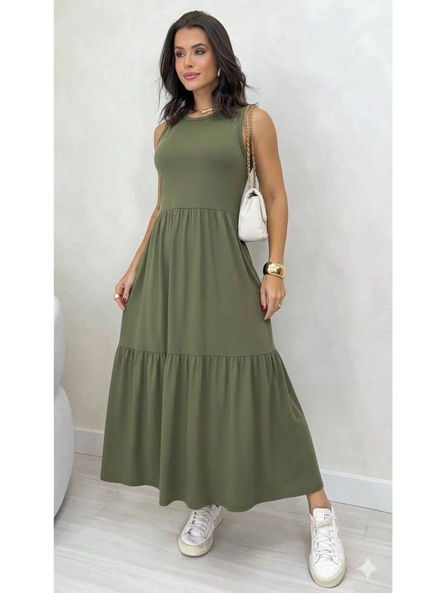 VESTIDO LONGO MALHA VISCOLYCRA 100 % ALGODÃO REGATA GOLA REDONDA TRES MARIAS BABADO MODA BLOGUEIRA 02