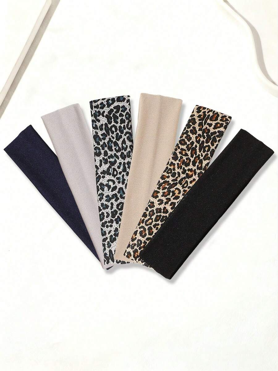 6pcs Thin, Moisture-Wicking, Non-Slip Solid Color + Leopard Print Headbands, Suitable For Daily Life And Sports, Women Hair Bands Winter Hair Accessories Fashion Head Wrap Women Bandanas Fashion Women Scarf Summer Outfits - Multicolor - View 1