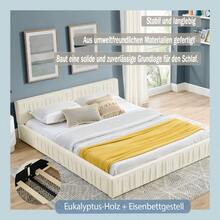 Double Bed 140*200cm, With Soft Chenille Velvet Cover, Made Of -Eucalyptus Wood And Stable Iron Frame, Easy Assembly, Beige (Mattress Not Included) - Beige + Chenille + 160*200cm - View 5