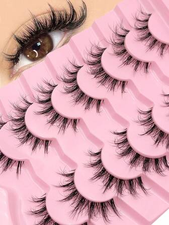 7对可爱漫画风格假睫毛，蓬松自然卷翘猫眼造型，透明睫毛杆，仿貂毛材质，适合日常佩戴，新手友好，可重复使用。