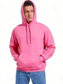 1pc Men's Sherpa Lined Hoodie Pullover, Thick & Warm For Winter, With Kangaroo Pocket - Pink - View 4