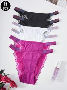 6 Stücke/Set sexy Mesh Patchwork Strass Taillenhöschen mit Spitze im brasilianischen Stil für Frauen