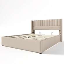 Polsterbed Storage Bed, 180x200cm Hydraulic Double Bed, Wooden Slat Base, Bed With Metal Frame And Slat Base, Linen, Beige - Beige + Linen + 160cm*200cm - 查看 10