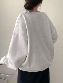New Fall/Winter Collection: Loose-Fitting, Casual Round-Neck Sweatshirt With Cartoon And Text Print, Korean Style, For Women - Xám nhạt - Xem 3