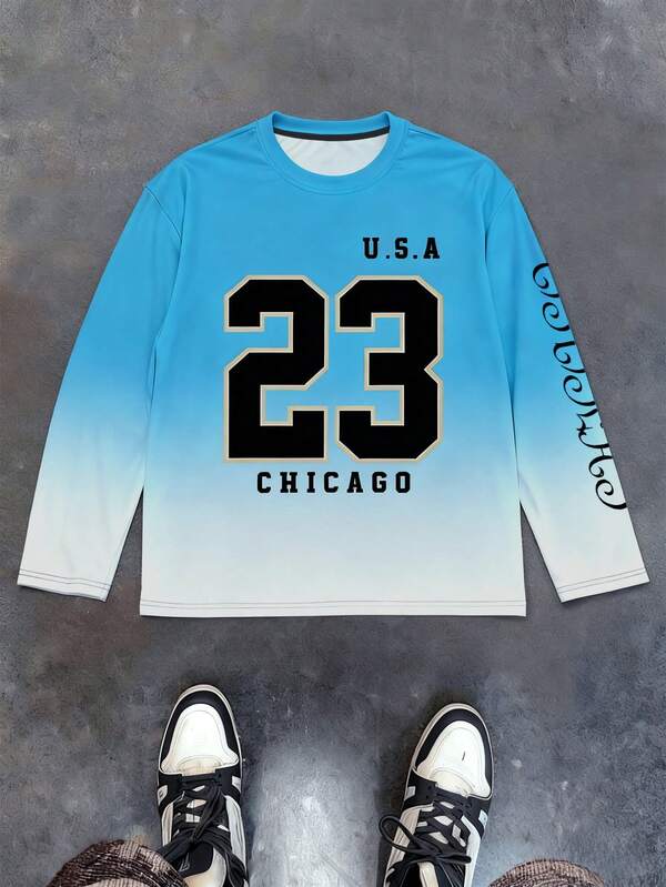 Camiseta de manga larga y cuello redondo casual con estampado de Chicago 23 para hombre talla grande, con ajuste regular, ideal para primavera/otoño - Camiseta deportiva de moda