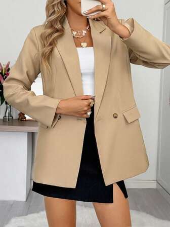 Look Polly 女士秋冬季感恩节、圣诞节、万圣节休闲街老钱优雅高贵通勤商务休闲女式米色纽扣带口袋西装外套