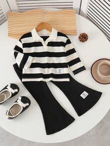 2pcs Baby Girls Polo Collar Striped Long Sleeve Top + Casual Flare Pants Set