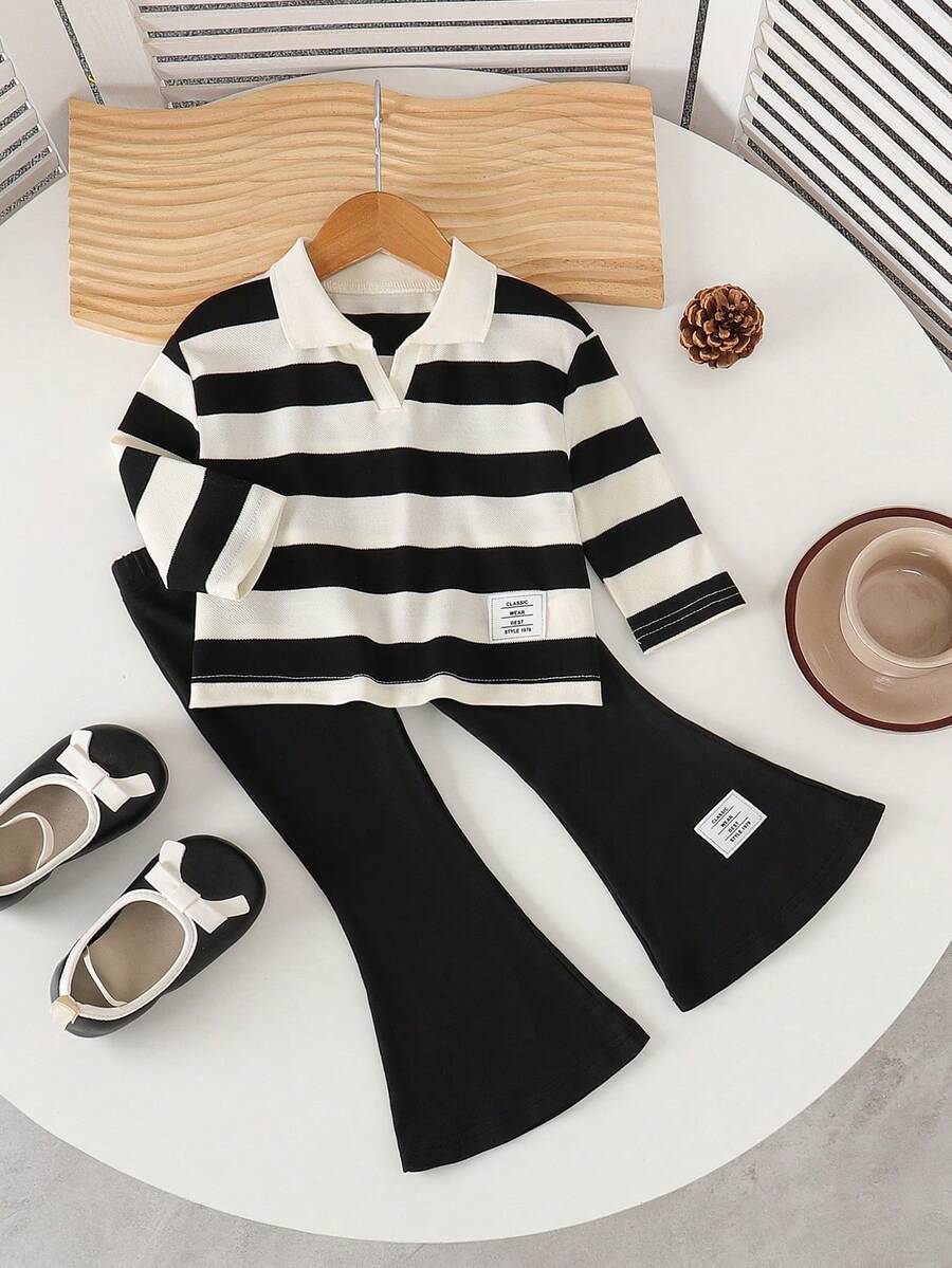 2pcs Baby Girls Polo Collar Striped Long Sleeve Top + Casual Flare Pants Set