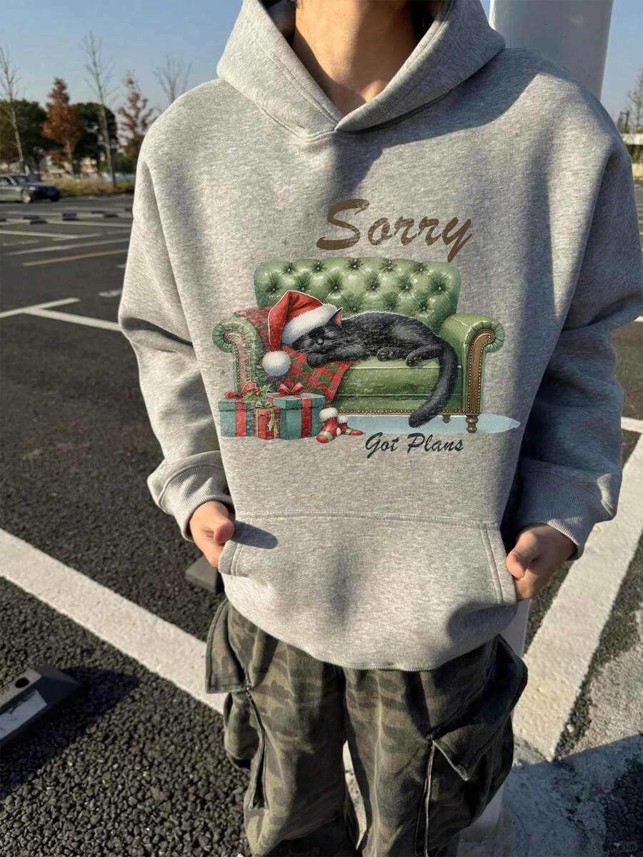 Unisex Vintage Heather Grey Sweatshirt with Christmas - themed Print: A black cat wearing a Santa hat sleeps on a green tufted sofa, with "Sorry" above and "Got Plans" below. There are also red - green plaid blankets, Christmas gifts, and Santa socks. Perfect for holiday gatherings or casual outings. #ChristmasFashion #UnisexSweatshirt #VintageStyle - Gris - Ver 1