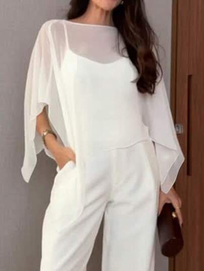 Women's Elegant Chiffon Camisole Two Pieces Set, Solid Color, Elegant, Sheer, Suitable For Office And Daily Wear, Spring/Summer White