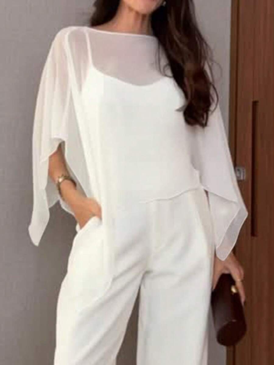 Conjunto de dos piezas de camiseta de gasa elegante para mujer, unicolor, elegante, transparente, adecuado para la oficina y el uso diario, primavera/verano blanco