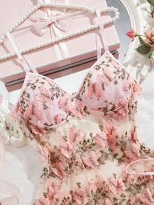 女士性感蝴蝶刺绣网纱拼接极简露背设计内衣吊带裙套装 - 粉色 - 查看 4