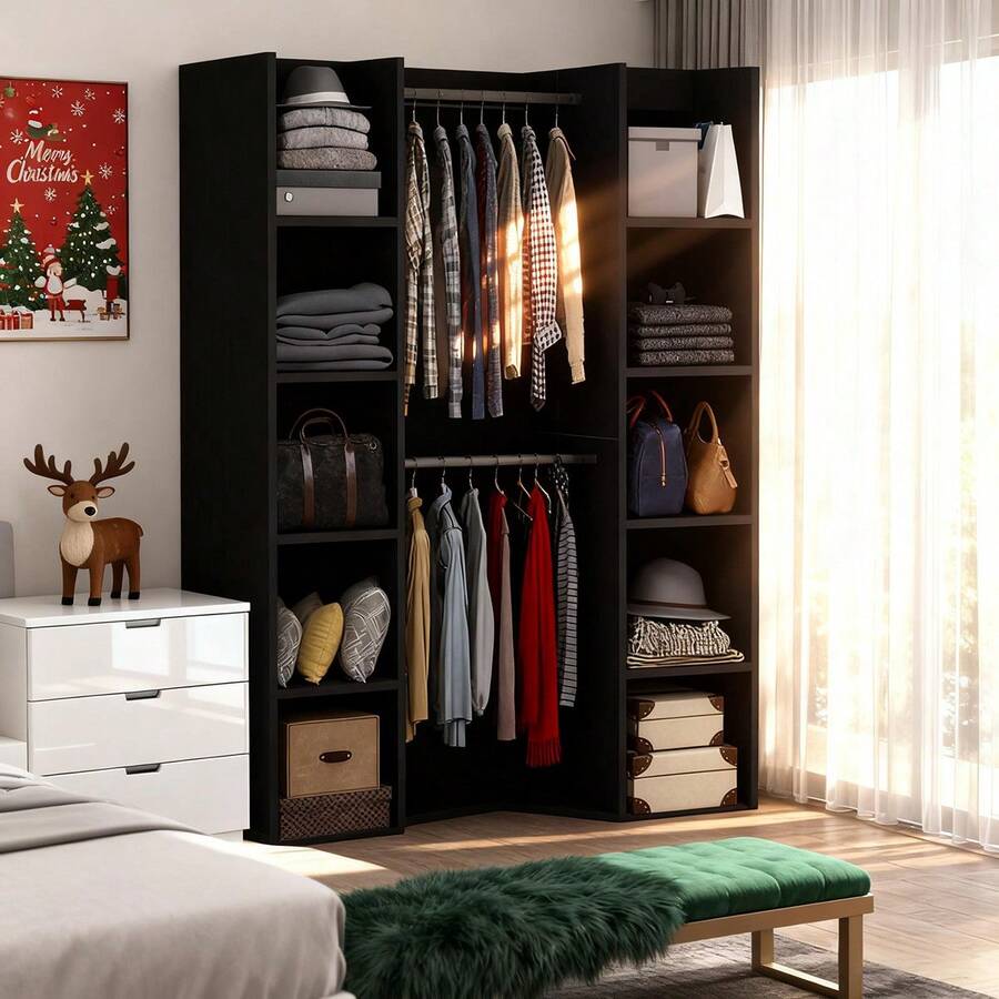 Perchero Multifuncional Clóset-Ropero Multifuncional con Barras para Colgar -Clóset Organizador de Ropa,Clóset Moderno para Dormitorio-Ideal para Dormitorios Pequeños Armario Ropero para Dormitorio, Ahorrador de Espacio y Fácil de Armar - Marrón oscuro - Ver 1