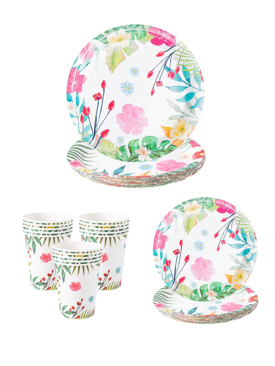8pcs/Set White Background Green Leaf Red Flower Disposable Plate And Cup Set, Plates And Cups Party Supplies, Suitable For 8 Guests, Disposable Paper Plates Party Tableware For Birthday, Wedding, Theme Party, Family Picnic - Multicolor - View 1