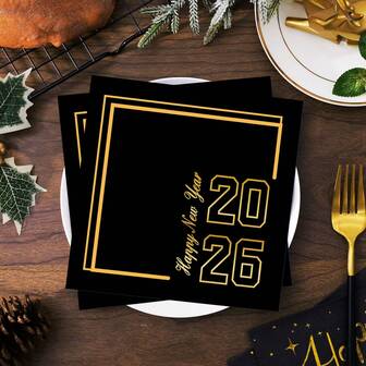 20pcs/40pcs/60pcs,2026 New Year Party Supplies, Happy New Year Disposable Paper Towel Decoration, Black And Golden New Year Decoration Drink Napkin For Christmas Bar 2026 New Year Party Decoration Supplies