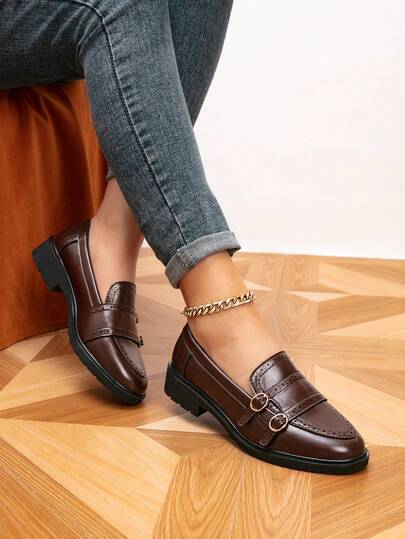 女士乐福鞋，圆头搭扣平底乐福鞋，户外厚底舒适复古平底鞋，休闲套脚鞋，女士休闲鞋