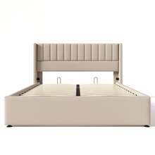 Polsterbed Storage Bed, 180x200cm Hydraulic Double Bed, Wooden Slat Base, Bed With Metal Frame And Slat Base, Linen, Beige - Beige + Linen + 160cm*200cm - 查看 11