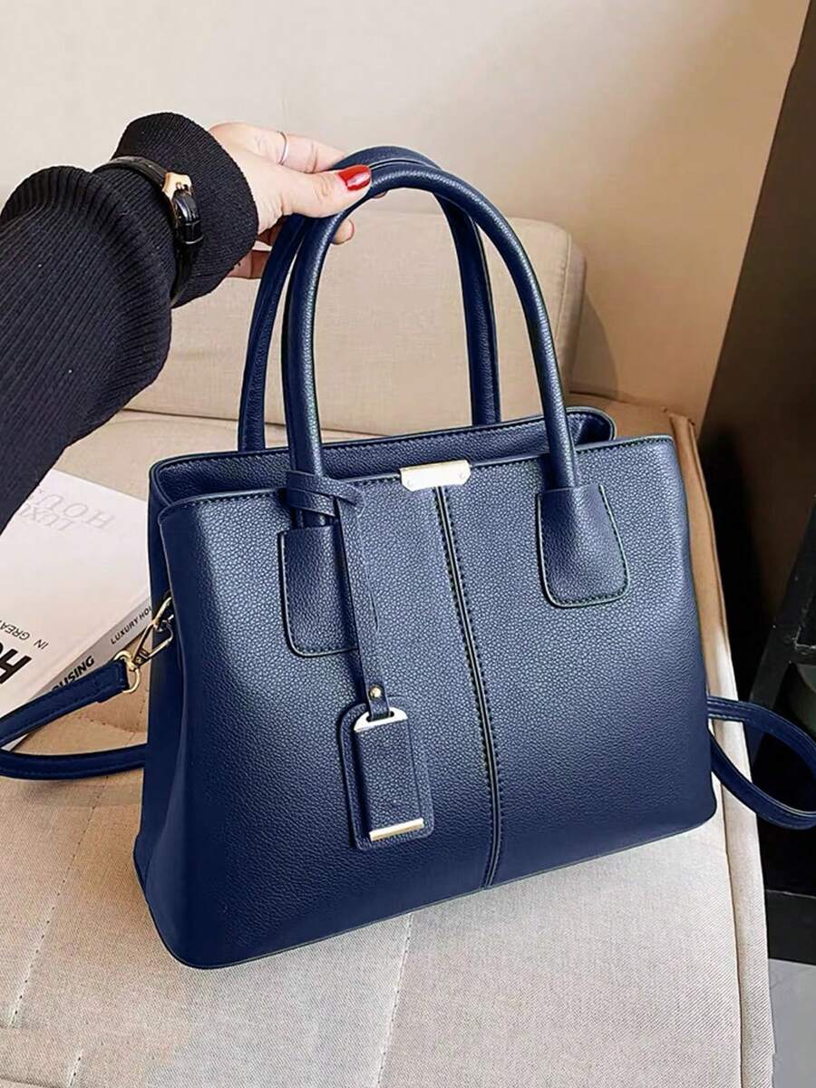 Women's Stylish Textured Tote Bags Elegant Multi Layer Shoulder Bags Casual Office Commuter Handbags For Daily Use - 藏蓝色 - 查看 1