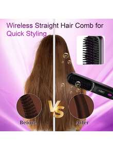 无线直发梳，便携式负离子热梳，适用于直发或微卷发，质地柔软，防烫设计，连续使用时间长达30分钟，35W USB充电式直发梳，3档温度设置，30秒快速加热，2000mAh大容量电池，是节日送礼的理想之选。
