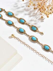 1pc Vintage Fashion Bohemian Metal Floral Pattern Distressed Flower Disc Waist Chain, Suitable For Women's Daily And Party Wear - Blue - View 3