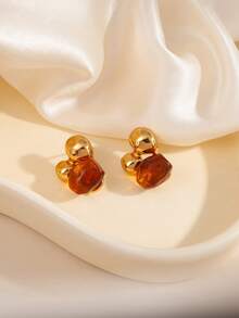 1 par de pendientes de bola de metal con zirconia ámbar de diseño simple y exquisito, con un sentido retro y exagerado, pendientes versátiles para otoño e invierno, esenciales para fiestas y fotografía callejera, accesorios de moda para mujeres de estilo europeo y americano