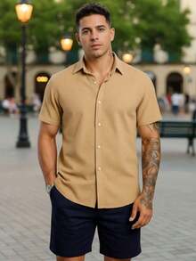 Men's Kit: Short-Sleeved Shirt With Italian Collar And Plain Shorts. Premium Set, Comfortable, Lightweight And Cool, Perfect For Summer, New Year's Eve And Christmas. - Màu Khaki - Xem 1