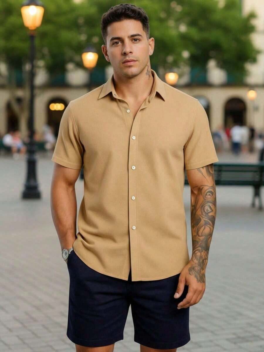 Men's Kit: Short-Sleeved Shirt With Italian Collar And Plain Shorts. Premium Set, Comfortable, Lightweight And Cool, Perfect For Summer, New Year's Eve And Christmas. - Màu Khaki - Xem 1