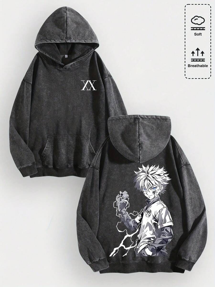 EWH Men/Women Y2K Hunt Er X Hunt Er "Killua Zoldyck" Anime Graphic Cotton Hoodie, Soft Warm Retro Casual Stylish Daily Wear, Fashionable Graphic Hoodies For Streetwear & Anime Enthusiasts Gifts 010-AB - 黑色 - 查看 1