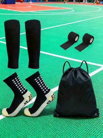 1 Set Sports Outfit, Including 1 Pair Anti-Slip Dotted Socks, 1 Pair Leg Sleeves, 2 Sports Straps, And 1 Drawstring Backpack. Suitable For Football, Basketball Training And Outdoor Sports & Fitness Activities