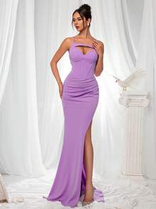 VIPGIRL 女士紫色吊带开衩美人鱼优雅晚礼服 - 紫色 - 查看 4
