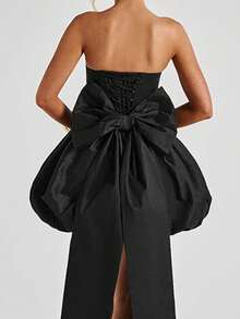 Onicee 夏季连衣裙，黑色蝴蝶结无肩带派对礼服，优雅连衣裙，适合情人节、约会、聚会、派对、旅行、度假、海滩和其他场合。 - 黑色 - 查看 6