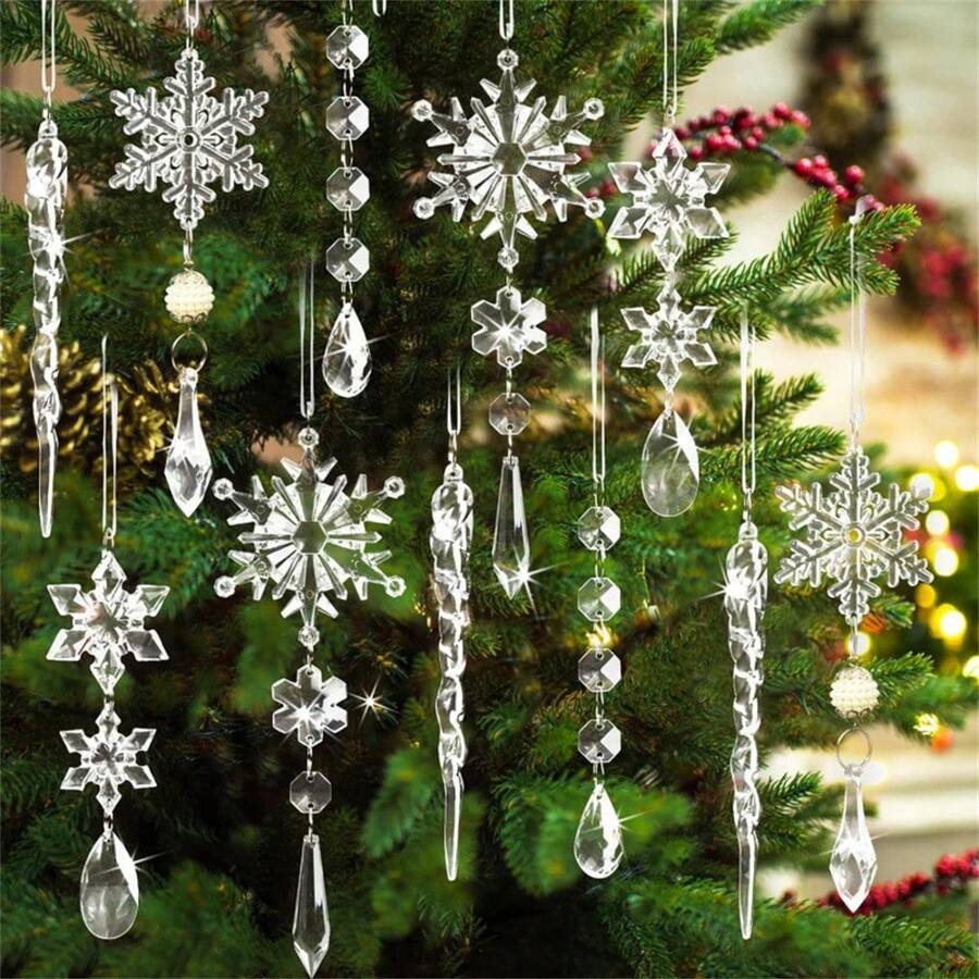 18-Piece Christmas Ornament Set, Christmas Tree Decorations, Crystal Christmas Ornaments, Hanging Acrylic Snowflakes And Icicles With Ribbon. - 透明 - 查看 1
