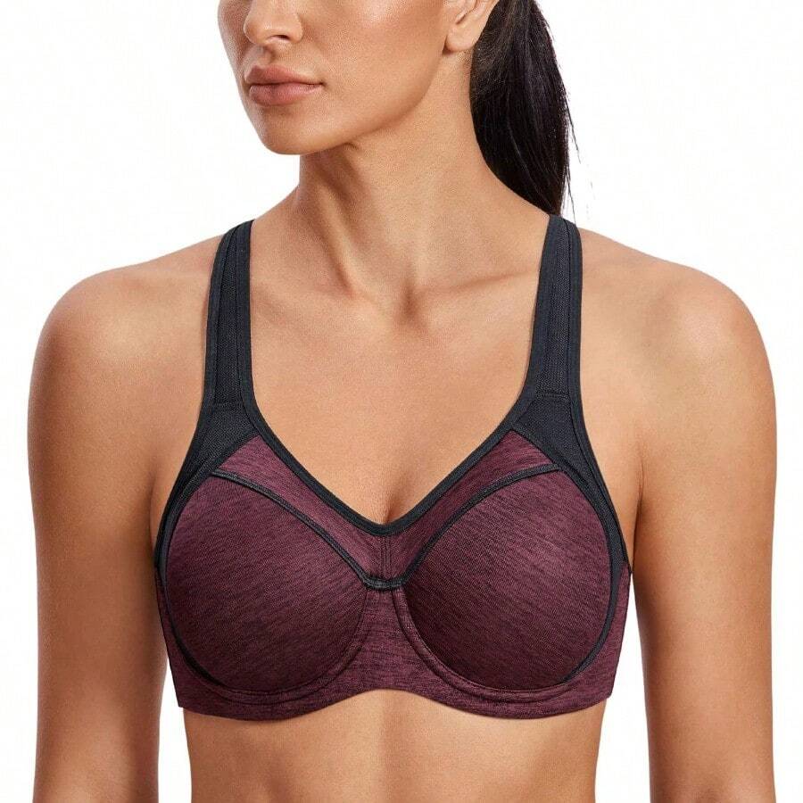 SYROKAN Women's Full Support High Impact Racerback Lightly Lined Underwire Sports Bra - 深紅色花灰 - 查看 1