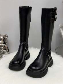 2025秋冬新款厚底修身真皮高筒靴，后拉链扣带马靴，靴子