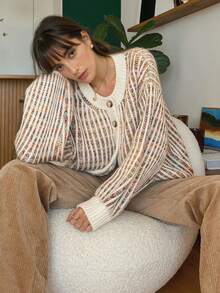 女士时尚条纹前开襟纽扣口袋针织开衫毛衣，适合假日、度假和日常穿着 - 彩色 - 查看 5