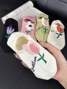 5 Pairs Women's Ditsy Floral Ankle Socks, Comfortable Invisible Socks, Suitable For All Seasons, Random Colors - Multicolor - View 5