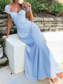 Onicee 夏季连衣裙，蓝色浪漫连衣裙，优雅吊带短袖连衣裙，适合情人节、约会、聚会、派对、旅行、度假、海滩等场合。 - 藍色 - 查看 3