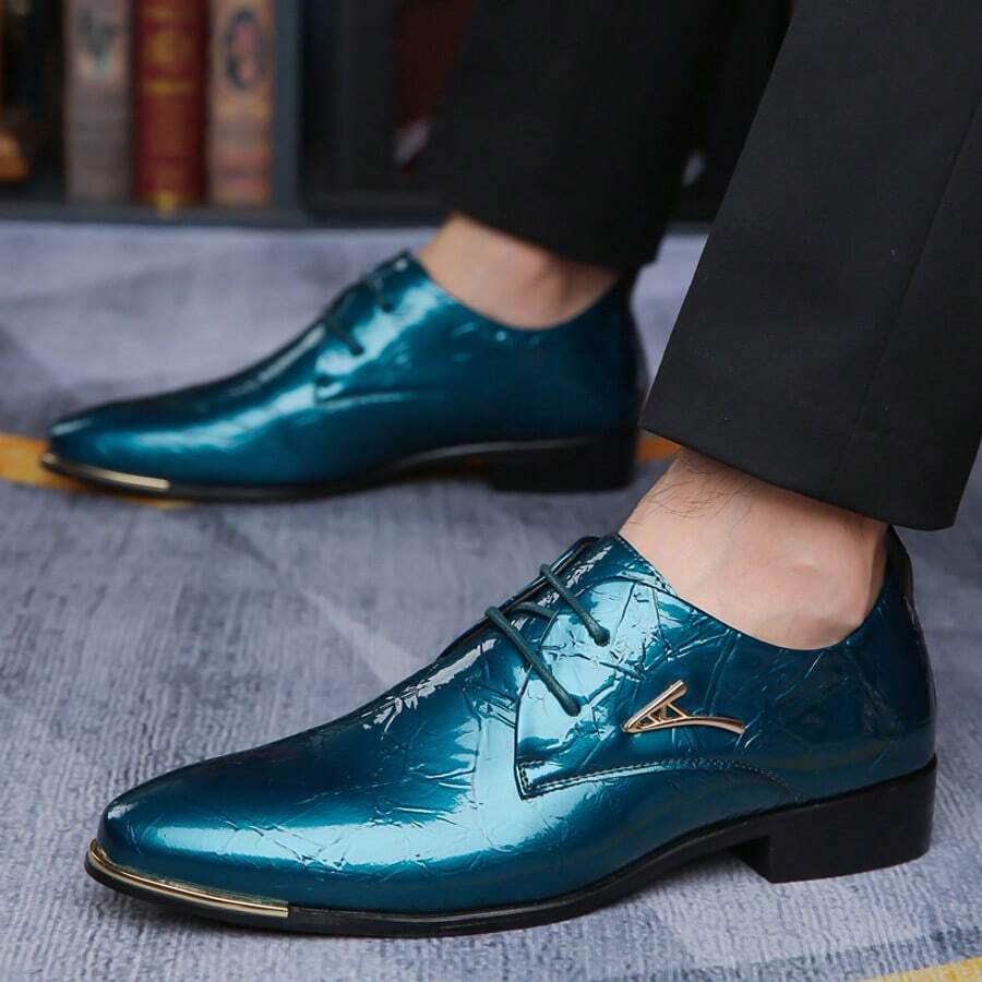 Men's Metallic Patent Leather Lace-Up Dress Shoes - Crinkled Texture & Metal Accent With Trimmed Sole Sleek Eye-Catching Footwear For Parties, Weddings & Formal Events - 綠色 - 查看 1