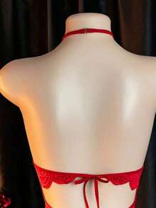Lingerie, Open Crotch Design, Lace Skeleton Jumpsuit, Elegant Women's Jumpsuit, Bed Seduction Clothes, Passion Robe - [Red] - View 6
