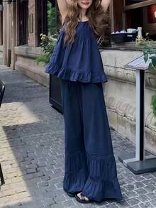 2pcs/Set Teen Girl13-16 Years Old) Slouchy Camisole Top And Wide Leg Bell Bottom Pants - Royal Blue - View 3