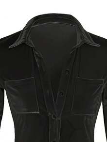 New Women's Velvet Pocket Cardigan, Long Sleeve Casual Fashion Solid Color Elegant Long Sleeve Single-Breasted Shirt - 黑色 - 查看 5