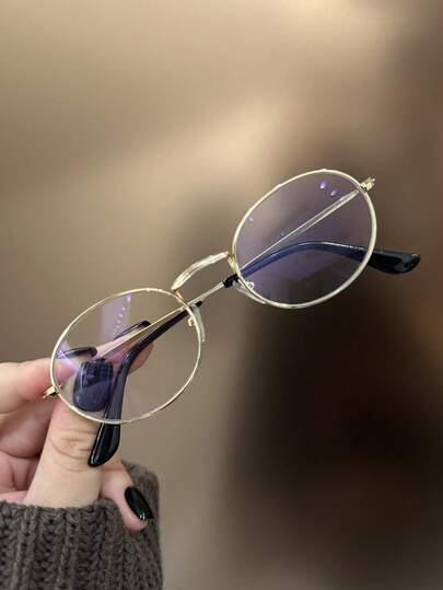 1pc Oval High-Quality Gold/Silver Metal Frame Blue Light Blocking Glasses, Fashionable For Boy & Girl, Prevent Eye Fatigue For Computer, TV, Gaming, Smartphone Use, Transparent Lens