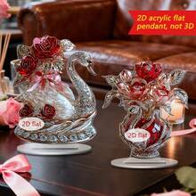 Enfeite de mesa em formato de rosa para o Dia dos Namorados (1 unidade), com design de cisne e rosa vermelha, ideal para decoração de mesa de escritório, presente para o Dia dos Namorados/Dia das Mães, feito de acrílico 2D. - Multicolorido - Ver 2