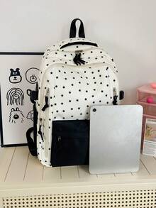 1 pièce Sac à dos décontracté en nylon noir et blanc avec imprimé étoile tout-sur-tout, compartiments multiples, fermeture éclair lisse, grande capacité, pliable, résistant à l'eau, sangles d'épaule réglables, convient pour un usage quotidien, l'école, l'entraînement, les déplacements, les courses, les voyages, cadeau pour les filles et les femmes