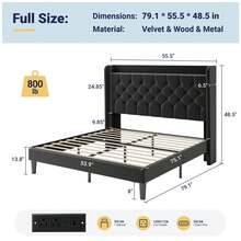 Allewie Full/Queen/King Size Bed Frame, Storage Headboard With Charging Station, Wingback Velvet Upholstered, Diamond Stitched Button Tufted, Sturdy Wooden Slats, No Box Spring Needed, Easy Assembly, Black - Xem 9