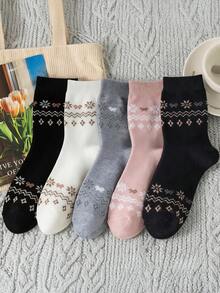 3/5/10双装女士随机雪花菱形波浪纹时尚中筒袜，柔软舒适透气，四季皆宜，休闲学院风，适合日常户外穿着